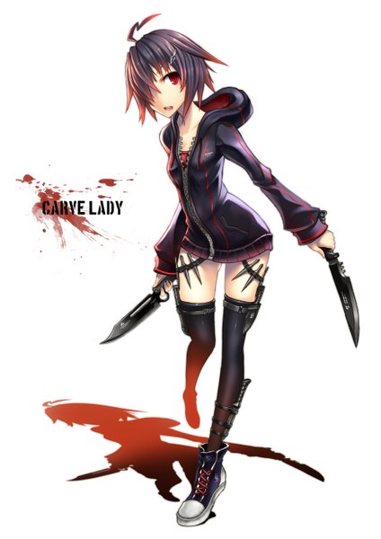 Anime picture 1000x1414 with original gia single tall image fringe short hair simple background red eyes white background purple hair hair over one eye inscription shadow girl thighhighs hair ornament weapon black thighhighs jacket hairclip