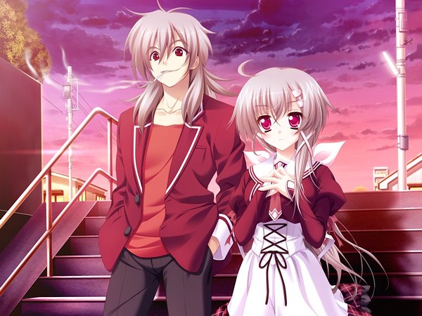 Anime picture 1024x768 with 11 eyes doga kobo long hair red eyes game cg pink eyes grey hair girl boy serafuku