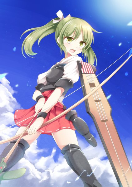 Anime picture 2039x2894 with kantai collection zuikaku aircraft carrier aibumi single long hair tall image blush highres open mouth green eyes sky cloud (clouds) ponytail green hair girl thighhighs skirt weapon black thighhighs arrow (arrows)