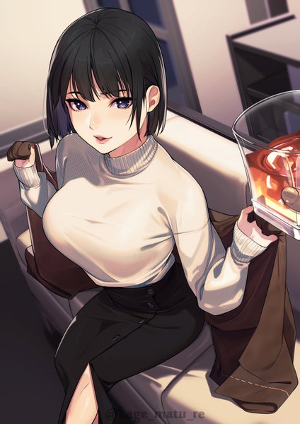 Anime picture 2026x2865 with original kagematsuri tall image looking at viewer fringe highres short hair breasts open mouth black hair sitting purple eyes holding signed indoors blunt bangs long sleeves nail polish from above twitter username