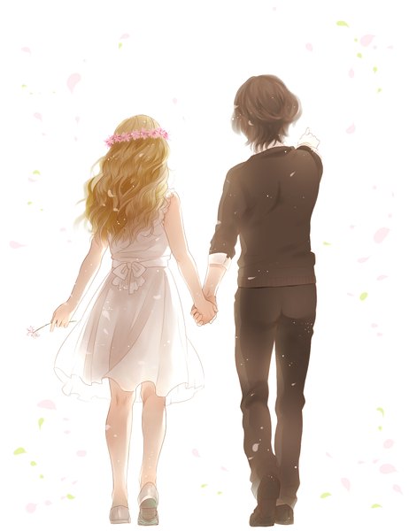 Anime picture 1574x2046 with harry potter severus snape lily evans tayuya1130 tall image short hair blonde hair brown hair white background from behind couple holding hands wavy hair pointing girl dress boy flower (flowers) petals white dress