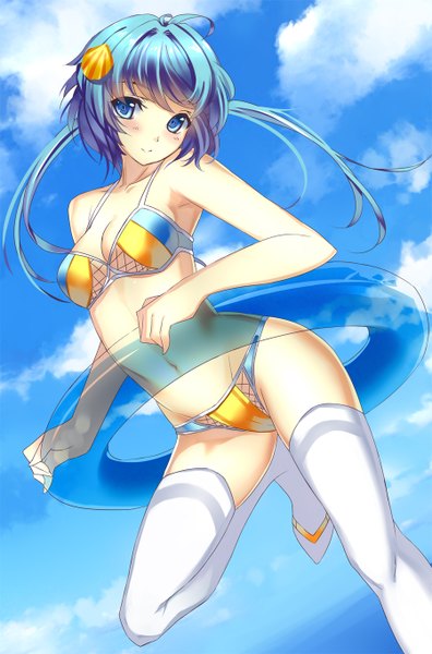 Anime picture 900x1364 with original miyazaki byou single long hair tall image looking at viewer blush breasts blue eyes light erotic twintails blue hair ahoge bare belly girl navel swimsuit bikini thigh boots swim ring