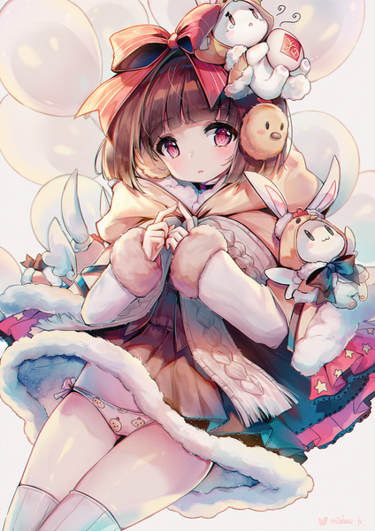 Anime picture 1414x2000 with girls frontline m99 (girls frontline) snow is single tall image looking at viewer fringe short hair light erotic simple background brown hair signed blunt bangs parted lips pink eyes :o fur trim twitter username thighs shiny skin