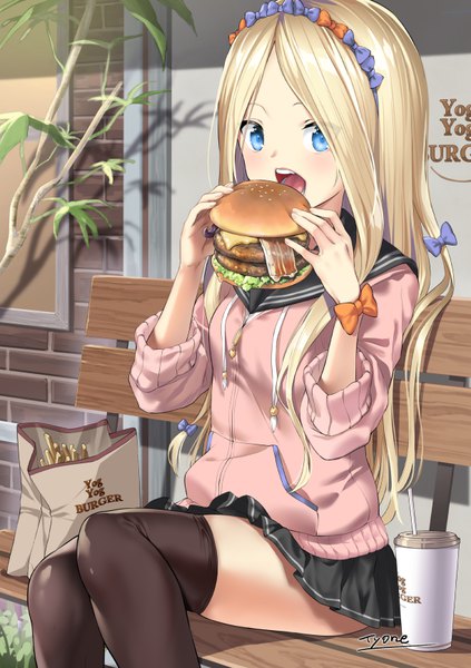 Anime picture 612x868 with fate (series) fate/grand order abigail williams (fate) tyone single long hair tall image looking at viewer blush fringe open mouth blue eyes blonde hair sitting holding signed payot outdoors teeth alternate costume