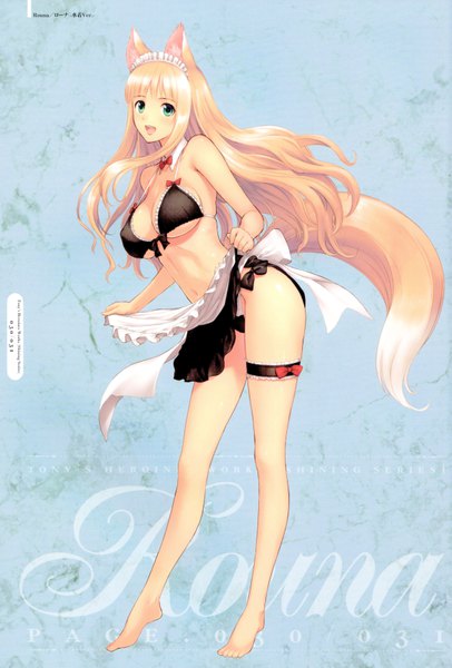 Anime picture 4672x6903 with shining (series) shining hearts lorna (shining hearts) tony taka single long hair tall image highres breasts open mouth light erotic blonde hair smile large breasts holding green eyes signed animal ears looking away absurdres