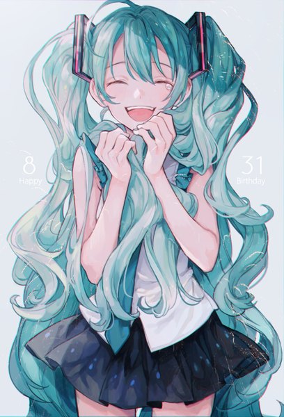 Anime picture 994x1462 with vocaloid hatsune miku makoto (roketto-massyumaro) single tall image fringe open mouth simple background hair between eyes twintails ahoge eyes closed very long hair aqua hair sleeveless dated ^ ^ happy birthday holding hair girl