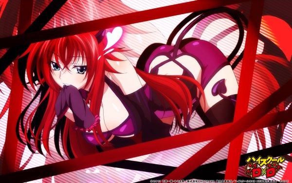 Anime-Bild 2560x1600 mit highschool dxd rias gremory single long hair looking at viewer highres breasts blue eyes light erotic large breasts red hair tail girl thighhighs black thighhighs
