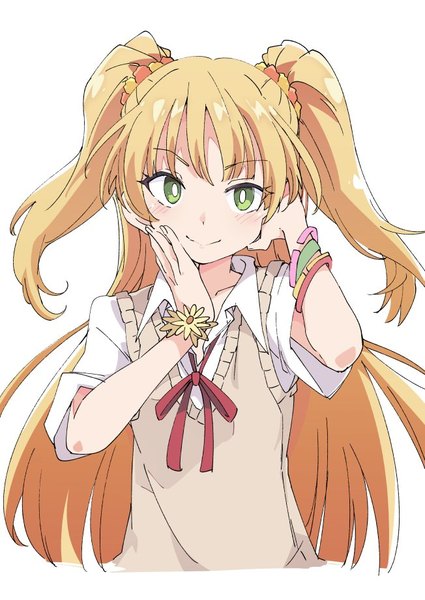 Anime picture 652x921 with idolmaster idolmaster cinderella girls jougasaki rika ixy single long hair tall image looking at viewer blush simple background blonde hair smile white background green eyes upper body two side up hands on face girl uniform school uniform