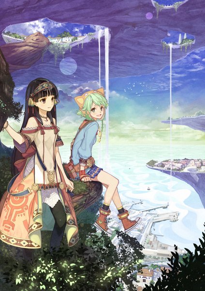 Anime picture 2894x4093 with atelier (series) atelier shallie gust (company) shallotte elminus shallistera (atelier) hidari (left side) long hair tall image looking at viewer fringe highres short hair open mouth black hair smile sitting purple eyes bare shoulders multiple girls green eyes