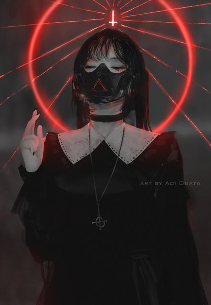 Anime picture 1040x1500 with original aoi ogata single long hair tall image fringe black hair standing twintails signed payot upper body eyes closed nail polish arm up glowing dark background pale skin nun gothic