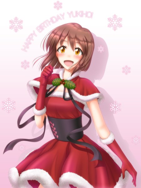 Anime picture 900x1200 with idolmaster hagiwara yukiho k2-atelier single tall image looking at viewer blush short hair open mouth simple background brown hair white background brown eyes :d pink background happy birthday girl dress gloves ribbon (ribbons)