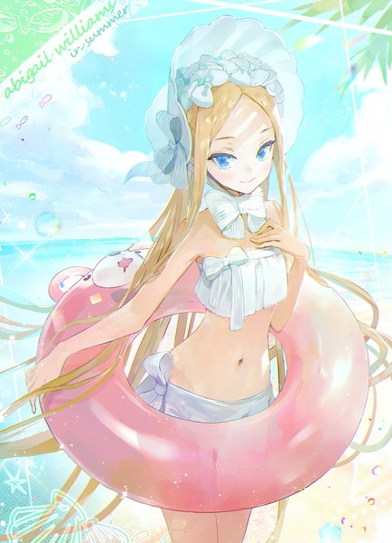 Anime picture 1000x1381 with fate (series) fate/grand order abigail williams (fate) abigail williams (swimsuit foreigner) (fate) a2ki single tall image blue eyes blonde hair smile standing sky cloud (clouds) outdoors very long hair character names beach hand on chest shaded face horizon