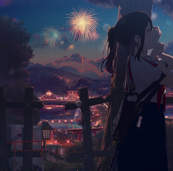 Anime picture 2029x2000 with original ogipote single long hair blush fringe highres open mouth black hair hair between eyes standing payot cloud (clouds) outdoors ponytail eyes closed profile pleated skirt night arms up