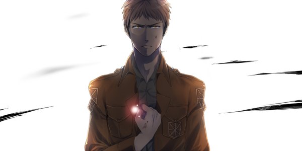 Anime picture 1500x750 with shingeki no kyojin production i.g jean kirstein tagme (artist) single short hair simple background blonde hair brown hair wide image white background yellow eyes looking up dust boy uniform blood military uniform fist fireflies
