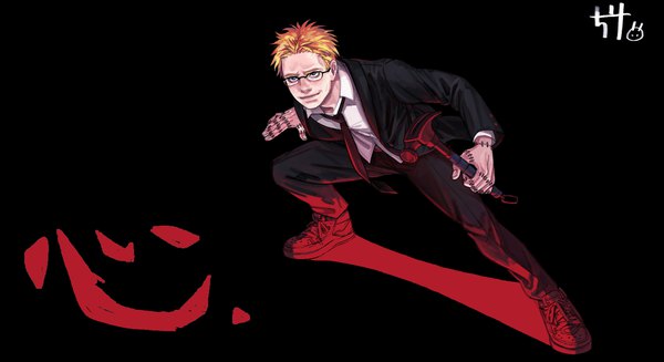 Anime picture 1980x1080 with dorohedoro mappa shin (dorohedoro) casam single highres short hair simple background blonde hair wide image full body hieroglyph black background boy weapon glasses necktie suit hammer stitches