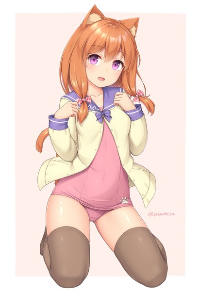 Anime picture 700x1020 with original sasaame single long hair tall image looking at viewer blush fringe open mouth light erotic smile hair between eyes signed animal ears full body tail long sleeves :d animal tail pink eyes