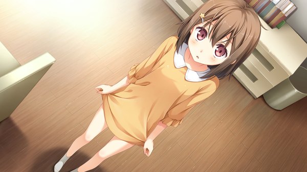 Anime picture 1920x1080 with koi suru kanojo no bukiyou na butai togawa mayuu kantoku single long hair looking at viewer blush fringe highres open mouth wide image indoors barefoot from above bare legs legs floor girl hair ornament bobby pin
