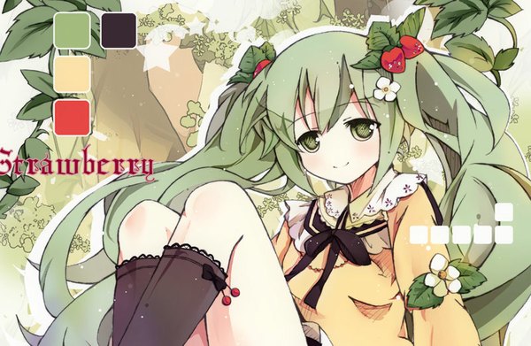 Anime picture 800x522 with vocaloid hatsune miku strawberry miku (tantan) bondson (artist) single looking at viewer blush fringe smile sitting twintails green eyes very long hair green hair girl flower (flowers) socks food black socks berry (berries)