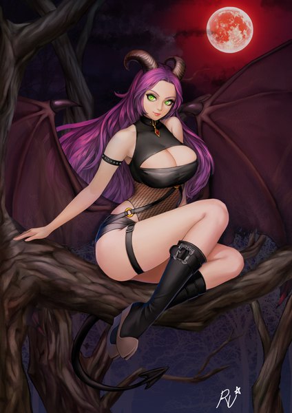Anime picture 2480x3508 with original w ruwaki single long hair tall image looking at viewer fringe highres breasts light erotic smile large breasts sitting green eyes signed sky purple hair cloud (clouds) full body outdoors