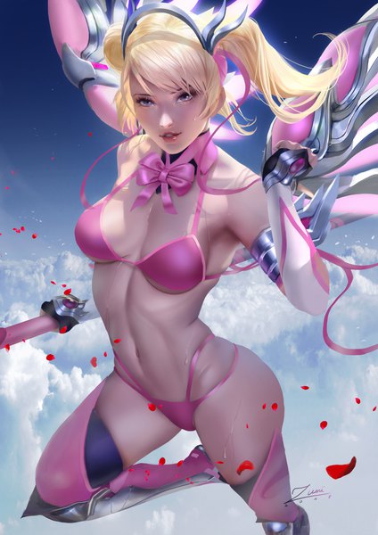Anime-Bild 2481x3508 mit overwatch blizzard entertainment mercy (overwatch) pink mercy zumi (zumidraws) single long hair tall image looking at viewer fringe highres breasts blue eyes light erotic blonde hair large breasts twintails holding signed sky