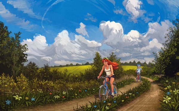 Anime picture 4000x2500 with touhou cirno hong meiling u-joe long hair highres short hair blue eyes bare shoulders multiple girls brown eyes blue hair absurdres sky cloud (clouds) orange hair scenic nature freckles riding