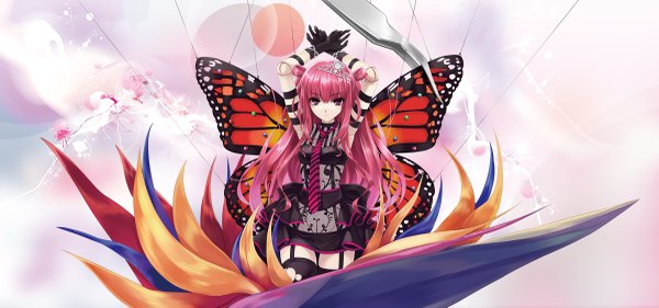 Anime picture 2398x1126 with beatmania umegiri ameto misaki kurehito diverse system single long hair highres wide image pink hair pink eyes arms up insect wings butterfly wings girl gloves wings doll (dolls)
