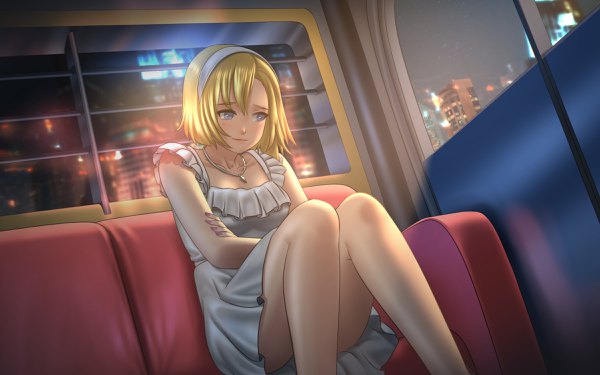 Anime picture 2400x1500 with love convention momo (love convention) mawa setiawan single highres short hair blue eyes blonde hair sitting looking away game cg nail polish light smile legs crossed arms convenient censoring girl dress hairband white dress