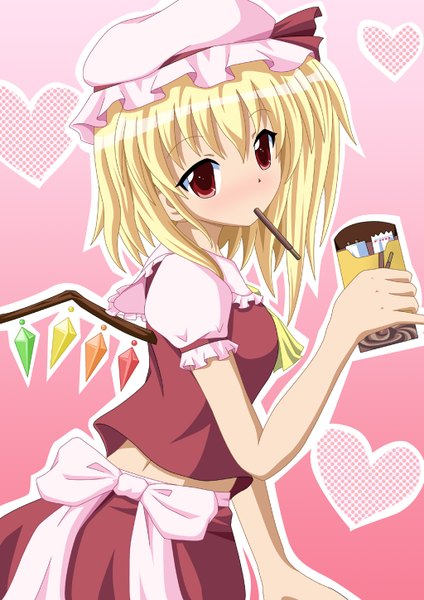 Anime picture 1024x1450 with touhou flandre scarlet neats (artist) single tall image blush short hair blonde hair red eyes girl dress wings heart sweets bonnet crystal pocky