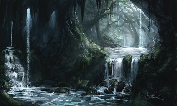 Anime picture 1280x768 with ninjatic wide image signed no people landscape river waterfall plant (plants) tree (trees) water forest stone (stones)
