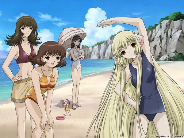 Anime picture 1024x768 with chobits chii sumomo hibiya chitose oomura yumi shimizu takako wallpaper beach stretch swimsuit bikini umbrella one-piece swimsuit school swimsuit parasol