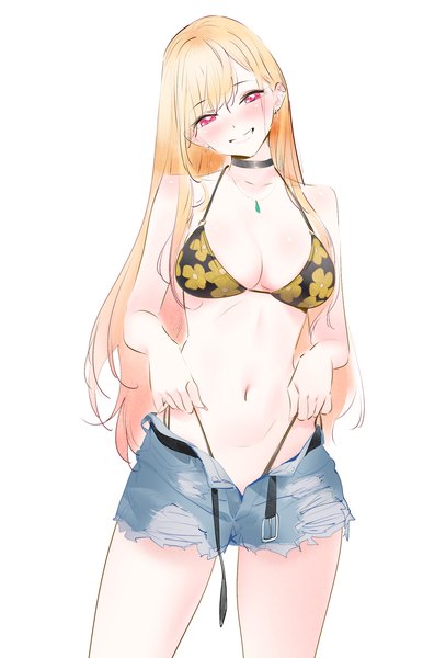Anime picture 1000x1474 with sono bisque doll wa koi wo suru cloverworks kitagawa marin yd (orange maru) single long hair tall image looking at viewer blush fringe breasts light erotic simple background blonde hair smile hair between eyes red eyes large breasts standing white background