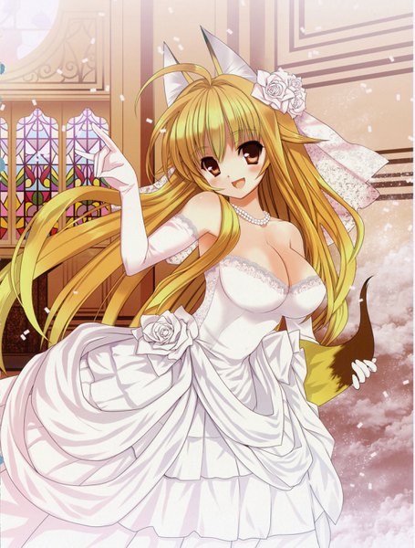 Anime picture 2302x3033 with kanokon minamoto chizuru koin (foxmark) single long hair tall image blush fringe highres breasts open mouth blonde hair hair between eyes large breasts brown eyes animal ears looking away cleavage ahoge indoors