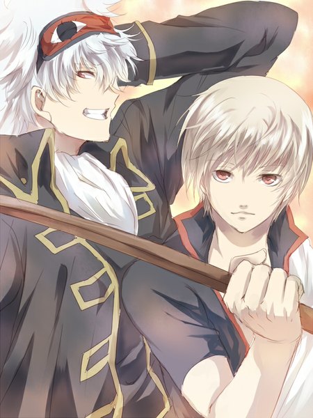 Anime picture 600x800 with gintama sunrise (studio) sakata gintoki okita sougo maruki (punchiki) tall image fringe short hair blonde hair smile red eyes holding white hair profile lips alternate costume boy weapon sword katana