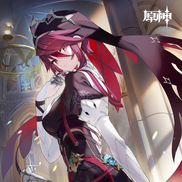Anime picture 4000x4000 with genshin impact rosaria (genshin impact) scottie (phantom2) single looking at viewer fringe highres short hair breasts hair between eyes standing absurdres upper body red hair indoors pink eyes looking back arm up from behind official art