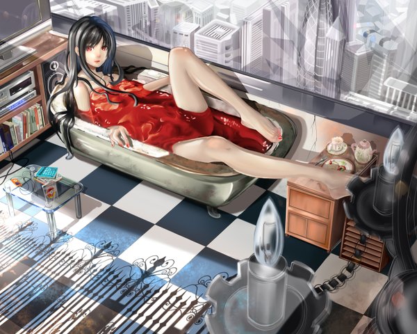 Anime picture 3280x2624 with original ipod natsuk0 (artist) long hair highres black hair red eyes absurdres nail polish legs city checkered floor bathing girl window table cup