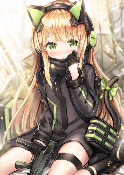 Anime picture 566x800 with girls frontline tmp (girls frontline) sakura ani single long hair tall image looking at viewer blush fringe open mouth blonde hair sitting holding green eyes animal ears tail long sleeves animal tail cat ears cat girl