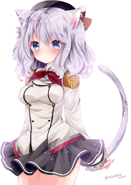 Anime picture 708x1000 with kantai collection kashima training cruiser nanase nao single long hair tall image looking at viewer blush fringe breasts simple background hair between eyes white background twintails signed animal ears silver hair tail long sleeves animal tail