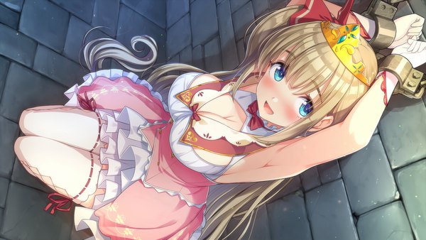 Anime picture 1920x1080 with prison princess aria (prison princess) yam2344 single looking at viewer blush fringe highres breasts open mouth blue eyes light erotic blonde hair smile hair between eyes wide image large breasts sitting game cg full body