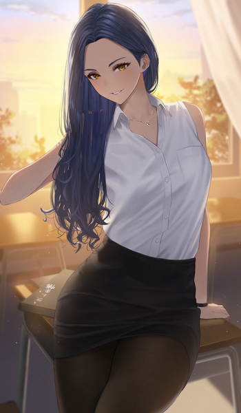 Anime picture 1818x3118 with original kimishima touka hara kenshi single long hair tall image looking at viewer blush highres breasts sitting yellow eyes blue hair indoors parted lips head tilt arm support sleeveless backlighting office lady