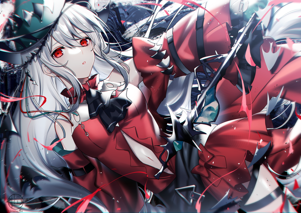 Anime picture 1100x778 with arknights skadi (arknights) skadi the corrupting heart (arknights) umeno shii single fringe hair between eyes red eyes silver hair very long hair :o dutch angle outstretched arm official alternate costume center opening girl dress hat detached sleeves red dress