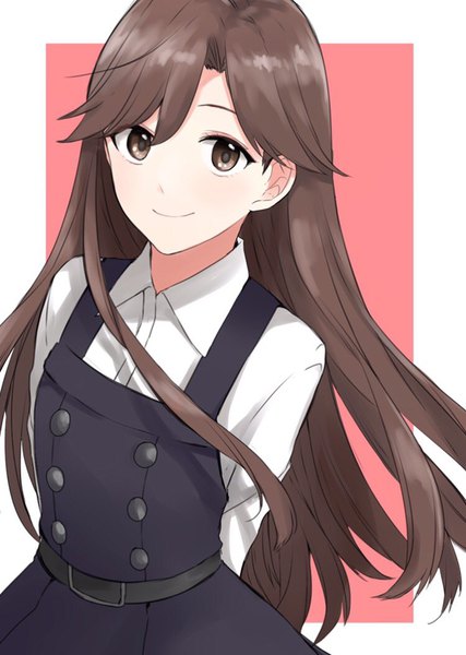 Anime picture 750x1053 with kantai collection arashio destroyer morinaga (harumori) single long hair tall image looking at viewer smile brown hair brown eyes upper body wind hands behind back remodel (kantai collection) girl dress uniform school uniform pinafore dress