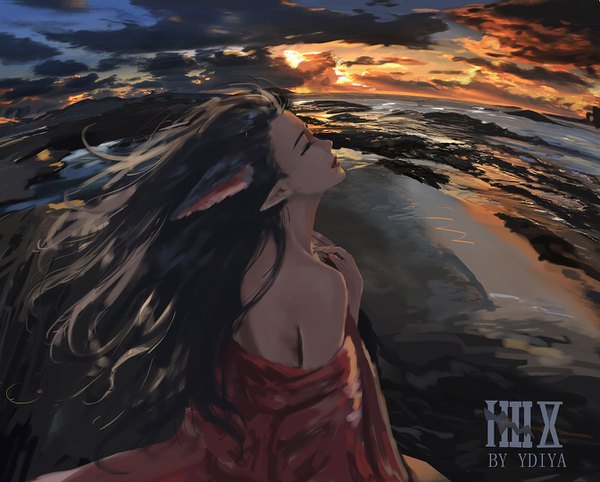 Anime picture 1344x1080 with original ydiya single black hair animal ears sky cloud (clouds) outdoors eyes closed profile fingernails wind lips pointy ears off shoulder lipstick evening sunset horizon red lipstick