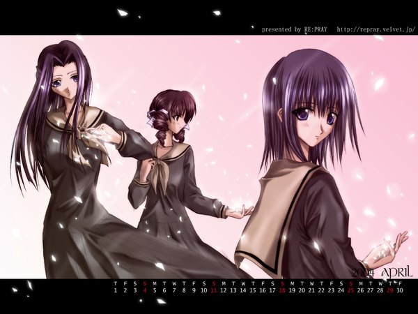 Anime picture 1024x768 with maria-sama ga miteru studio deen matsudaira touko nijou noriko hosokawa kanako cherry blossoms calendar 2004 skirt petals skirt set calendar