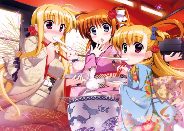 Anime picture 4250x3023 with mahou shoujo lyrical nanoha fate testarossa takamachi nanoha takamachi vivio fujima takuya long hair highres blonde hair red eyes purple eyes multiple girls absurdres traditional clothes japanese clothes scan orange hair official art loli heterochromia eating