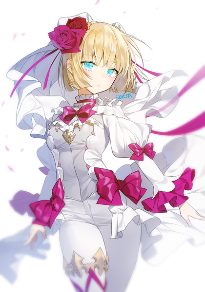 Anime picture 700x1000 with original sorolp single tall image looking at viewer blush fringe short hair simple background blonde hair white background signed blunt bangs aqua eyes girl flower (flowers) bow ribbon (ribbons) rose (roses) veil