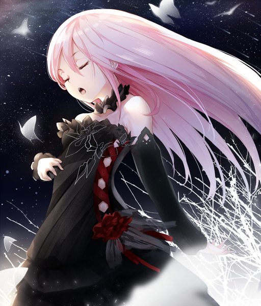 Anime picture 1000x1172 with guilty crown production i.g yuzuriha inori sola (solo0730) single long hair tall image fringe open mouth hair between eyes red eyes standing bare shoulders pink hair eyes closed wind night night sky singing meteor rain