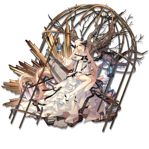 Anime picture 1024x1024 with arknights nightingale (arknights) skade single fringe blue eyes blonde hair bare shoulders looking away full body very long hair horn (horns) official art turning head transparent background bare tree elite ii (arknights) girl dress plant (plants)