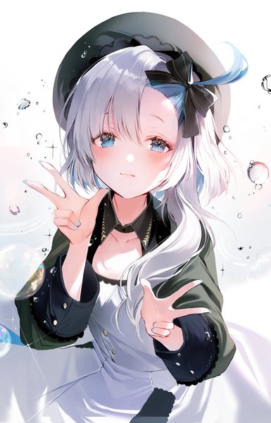 Anime picture 2630x4096 with azur lane libeccio (azur lane) 2sham single long hair tall image looking at viewer blush fringe highres blue eyes simple background hair between eyes standing silver hair ahoge nail polish multicolored hair two-tone hair blue nail polish