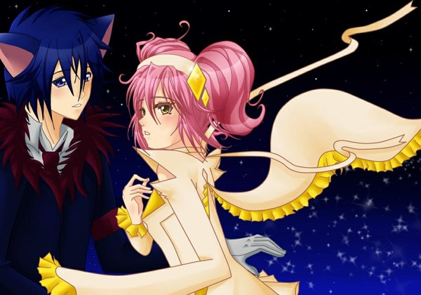 Anime picture 1068x749 with shugo chara! hinamori amu tsukiyomi ikuto amulet diamond death rebel (shugo chara) blush short hair blue eyes twintails animal ears yellow eyes blue hair pink hair sky cat ears night night sky couple hug short twintails