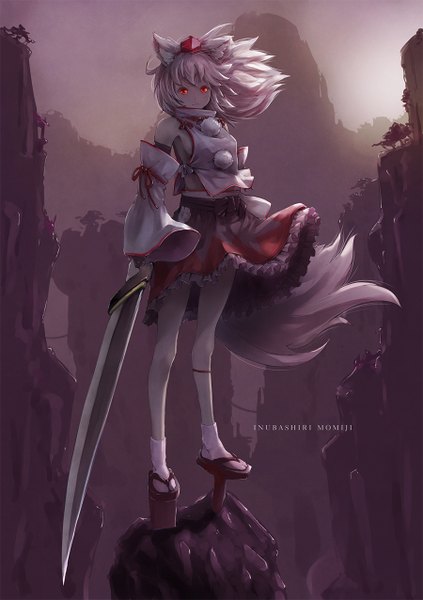 Anime picture 900x1275 with touhou inubashiri momiji satyuas single long hair tall image looking at viewer red eyes standing animal ears silver hair outdoors tail animal tail wind character names wolf ears wolf tail wolf girl girl